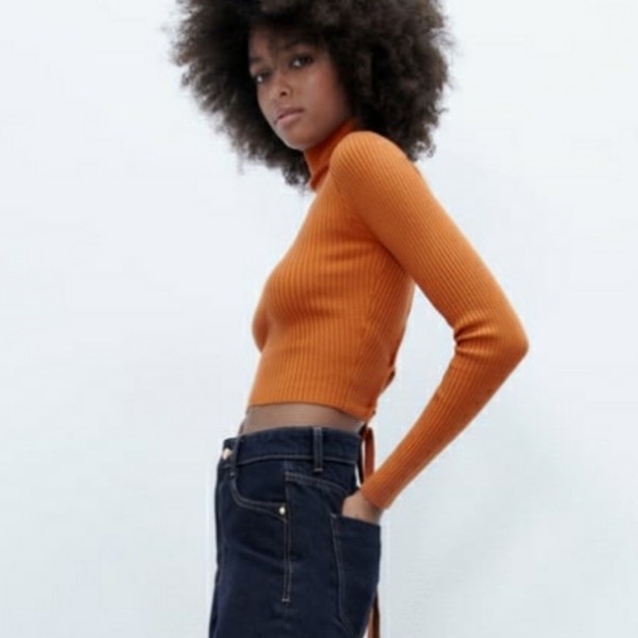 ZARA Sexy Orange Open Cut Out Back Lattice Long Sleeve Turtleneck Ribbed Sweater - Picture 10 of 14